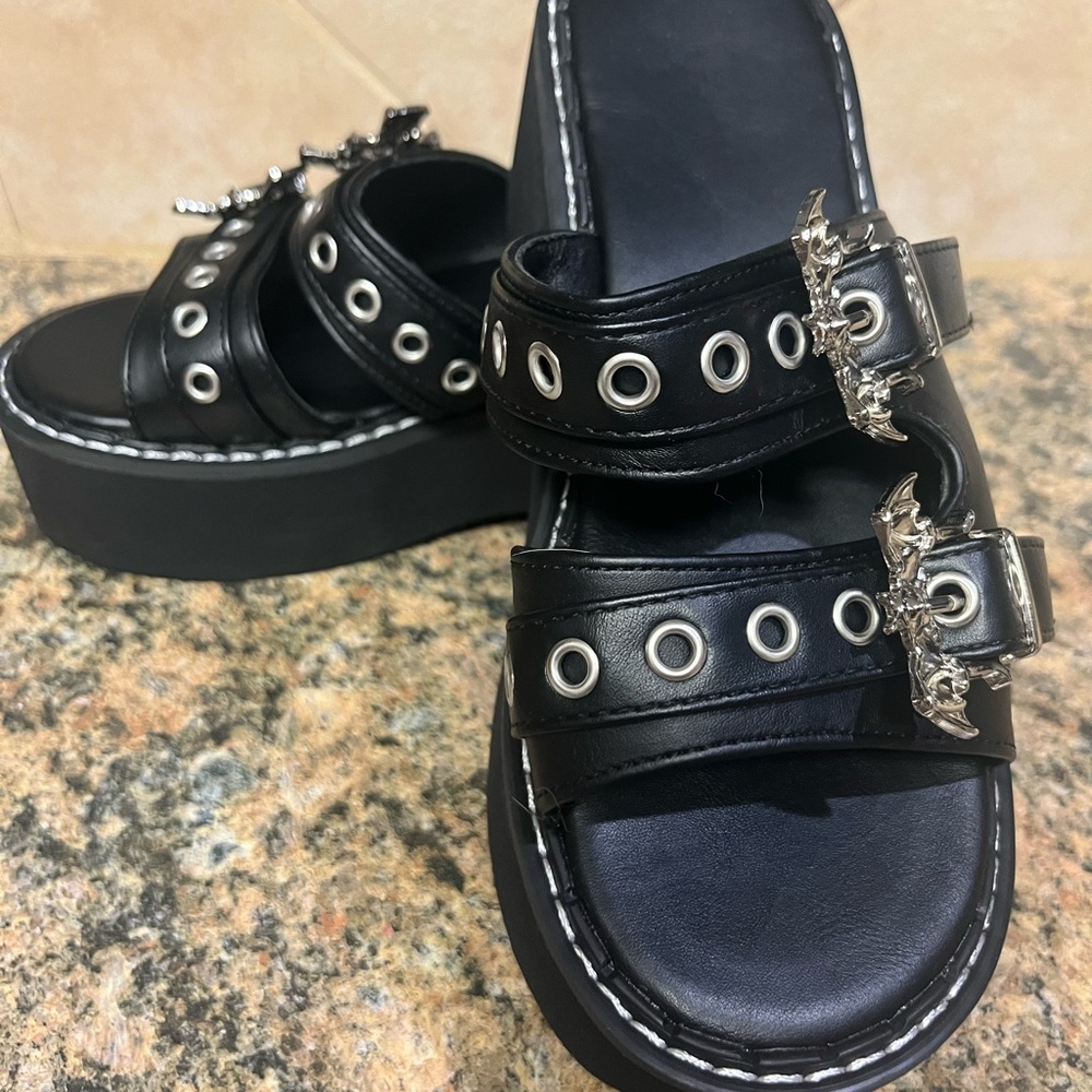 Black Platform Sandals with Silver Bat Accents